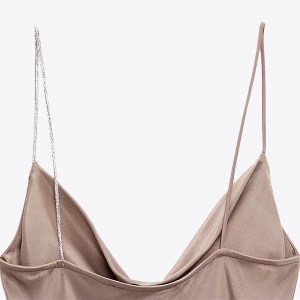 Zara Taupe Satin Rhinestone Jewel Strap Cowl Neckline Mini Slip Dress - Picture 4 of 4